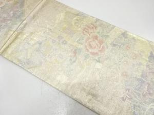 佐賀錦　巻物に御所車・草花模様織り出し　全通袋帯